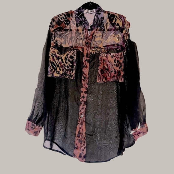 Effici Tops - 1980s sheer black blouse mixed material beaded cheetah size L